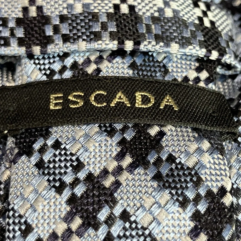 Escada 100% Silk Necktie Blue Navy Black Geometric Woven Check Luxury Tie